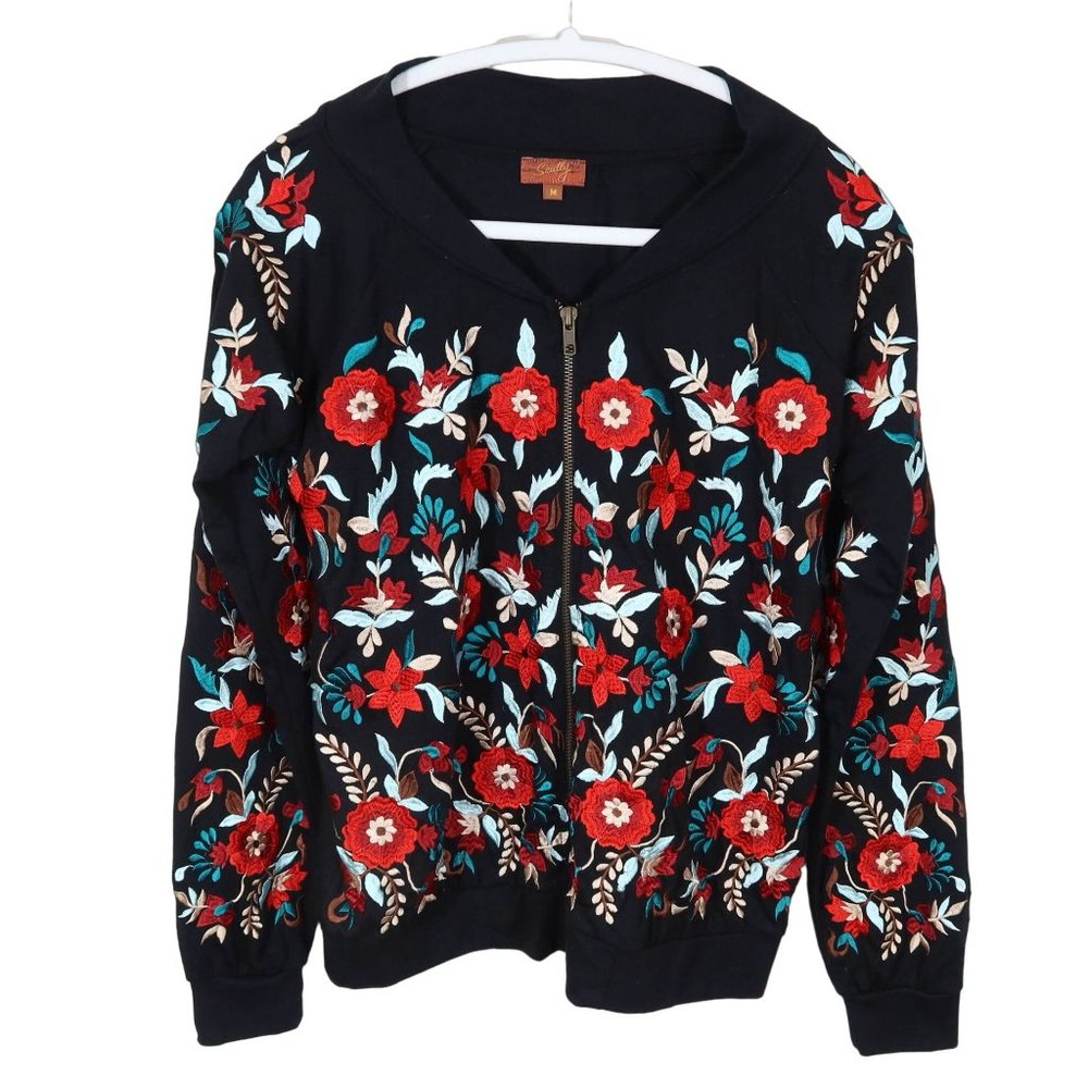 SCULLY Size M Western Floral Embroidered Zip Up Lightweight Knit Bomber Jacket